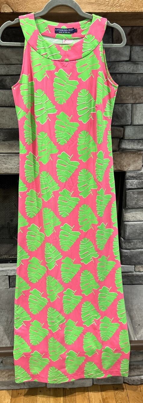 Women’s KATHERINE WAY Pink/Green Resort Palm Leaves Maxi Dress Size S *C6